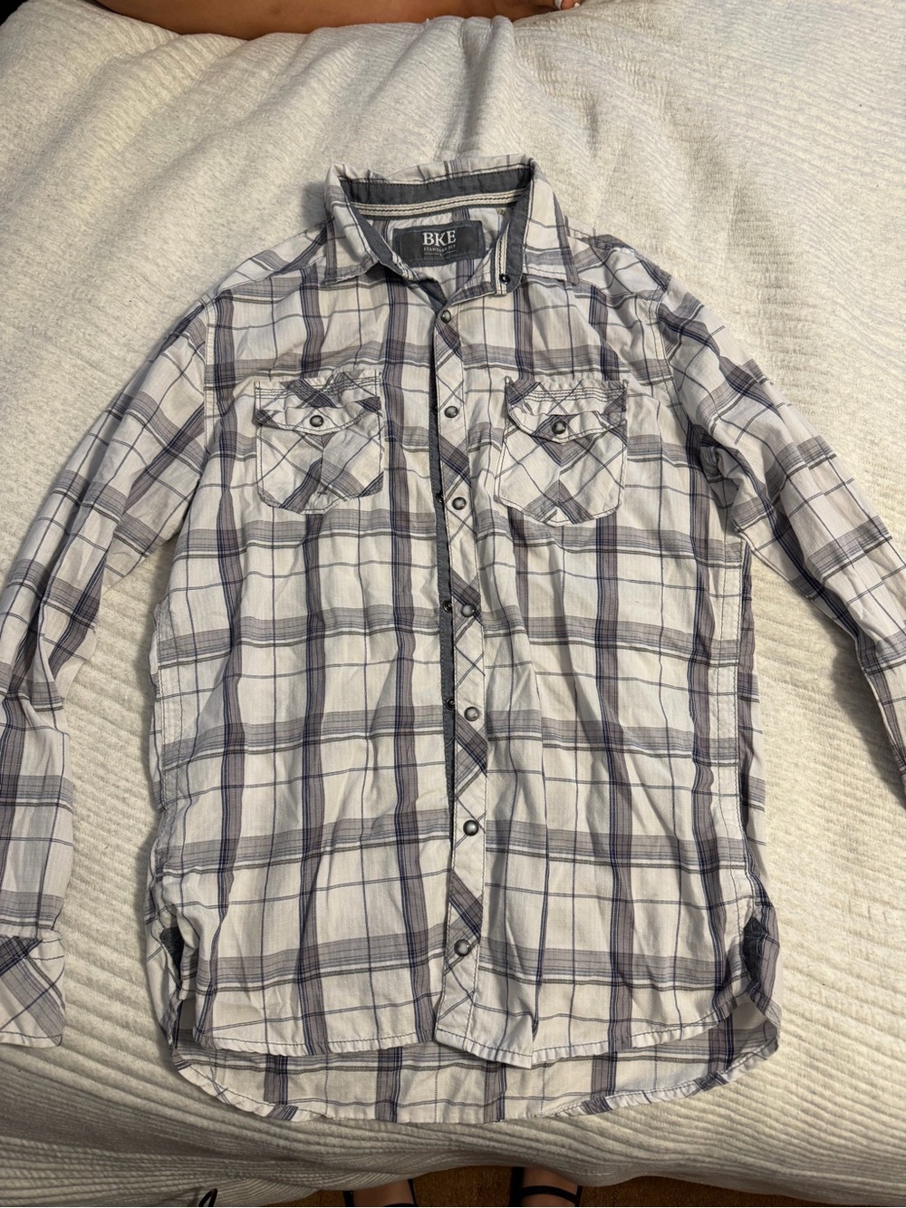 BKE White and Gray Plaid Snap-Front Shirt